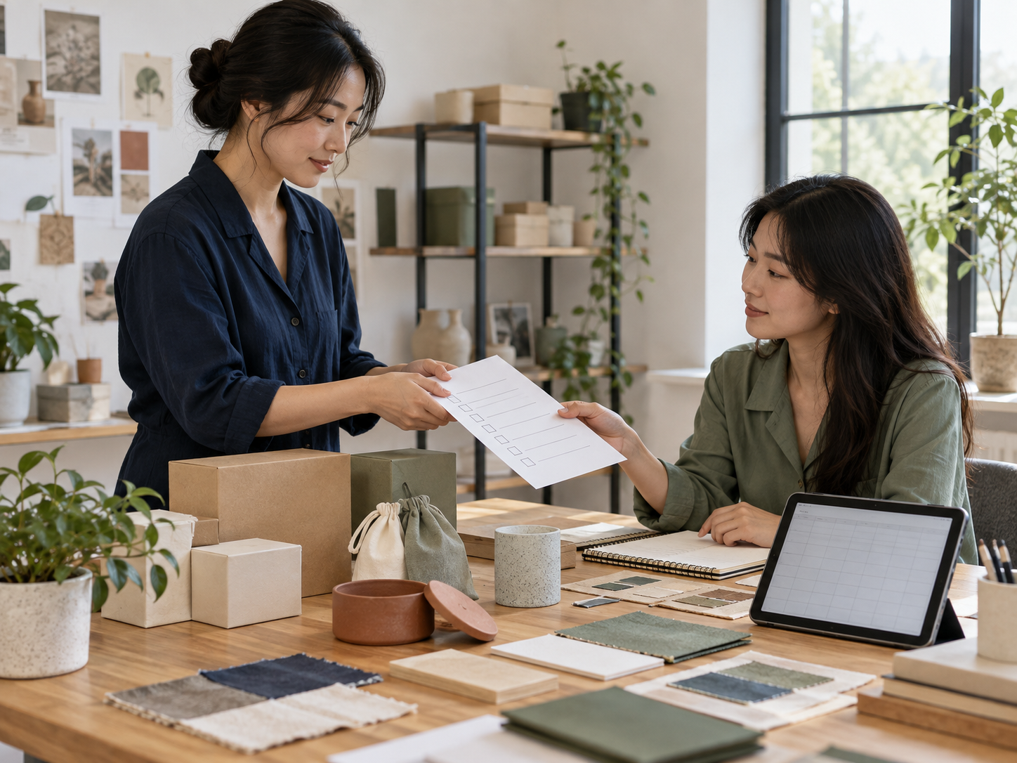 Hai biên tập viên bàn giao checklist và tài sản sản phẩm