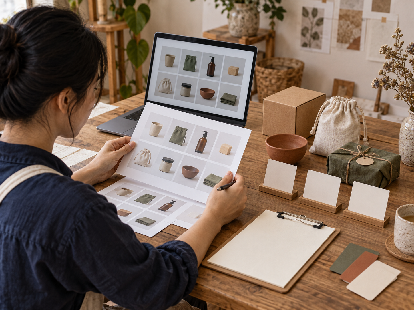 Người biên tập đối chiếu catalog in với bảng ảnh trên laptop