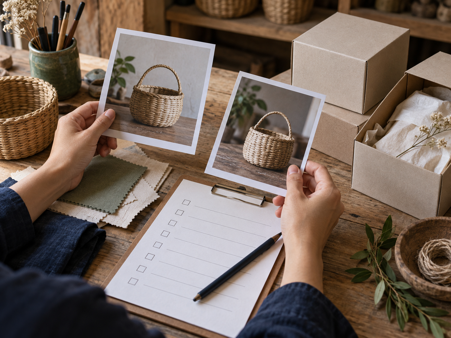 Bàn tay đối chiếu ảnh sản phẩm và bảng kiểm chất lượng