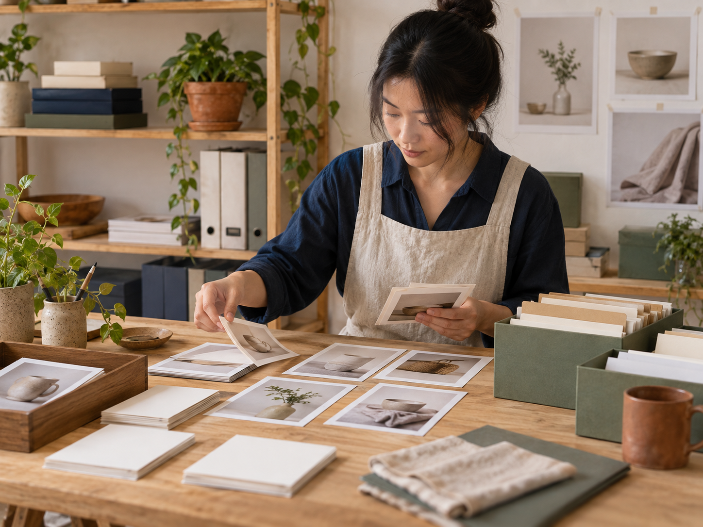 Người biên tập sắp xếp các thẻ ảnh sản phẩm tại studio